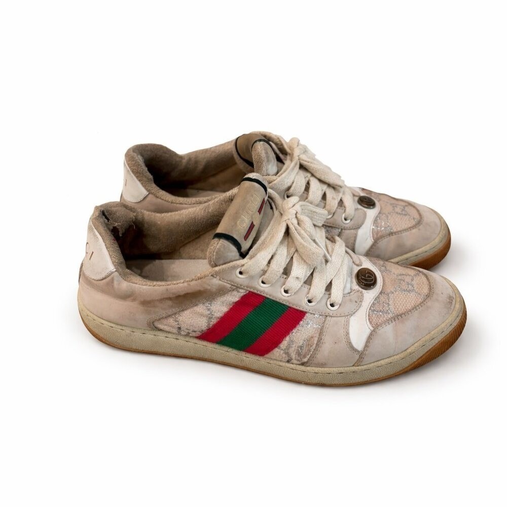 Gucci Screener Sneakers 39.5 Beige GG Canvas Web Stripe Low Top | Well Worn